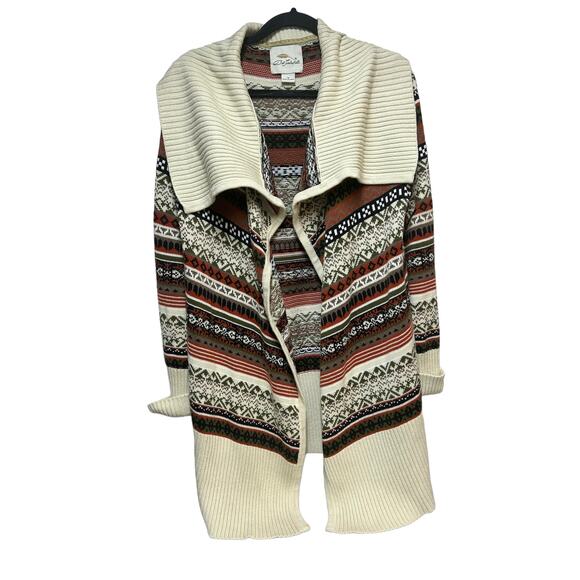 Bob Timberlake Geometric 3/4 Sleeve Wide Collar Cardigan Cream Brown Medium - Picture 1 of 10